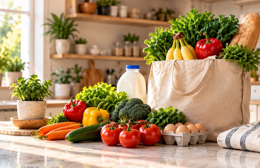 A bag of groceries on a bright kitchen counter